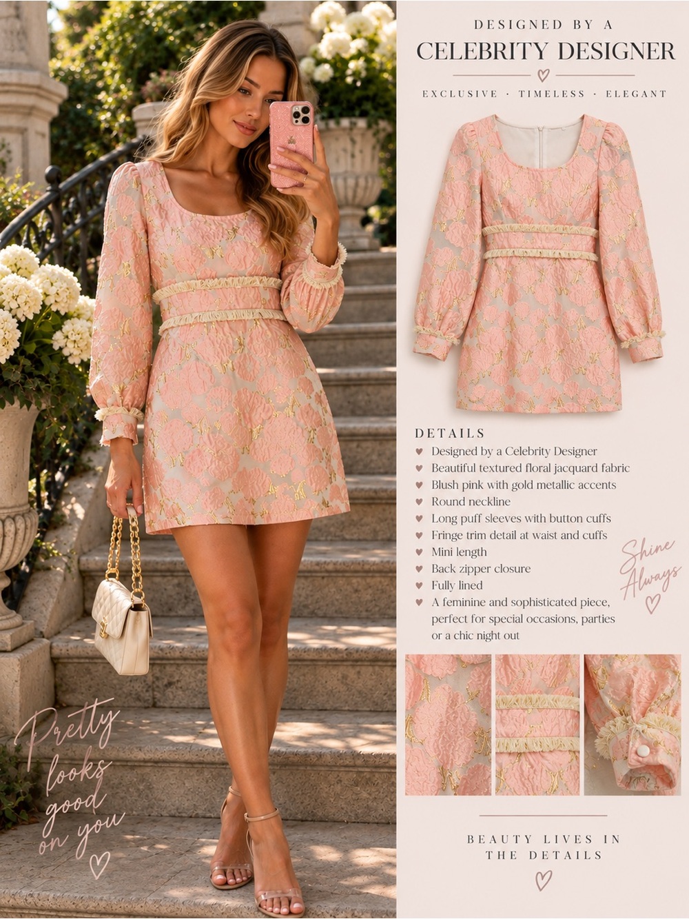 Blush Pink Jacquard Mini Dress with Gold Accents